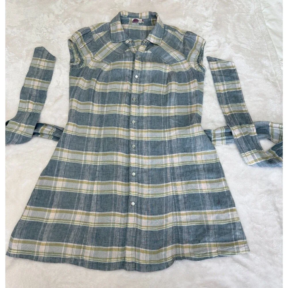 Buffalo David Bitton Plaid Shirt Dress Belted Snap Front Blue Beige Women's S